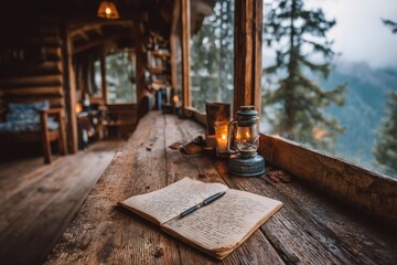 A cozy writing space in a log cabin with a scenic view, featuring an open notebook, a pen, and a vintage lantern next to a window overlooking a misty forest.