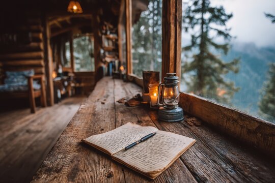 A cozy writing space in a log cabin with a scenic view, featuring an open notebook, a pen, and a vintage lantern next to a window overlooking a misty forest. - Powered by Adobe