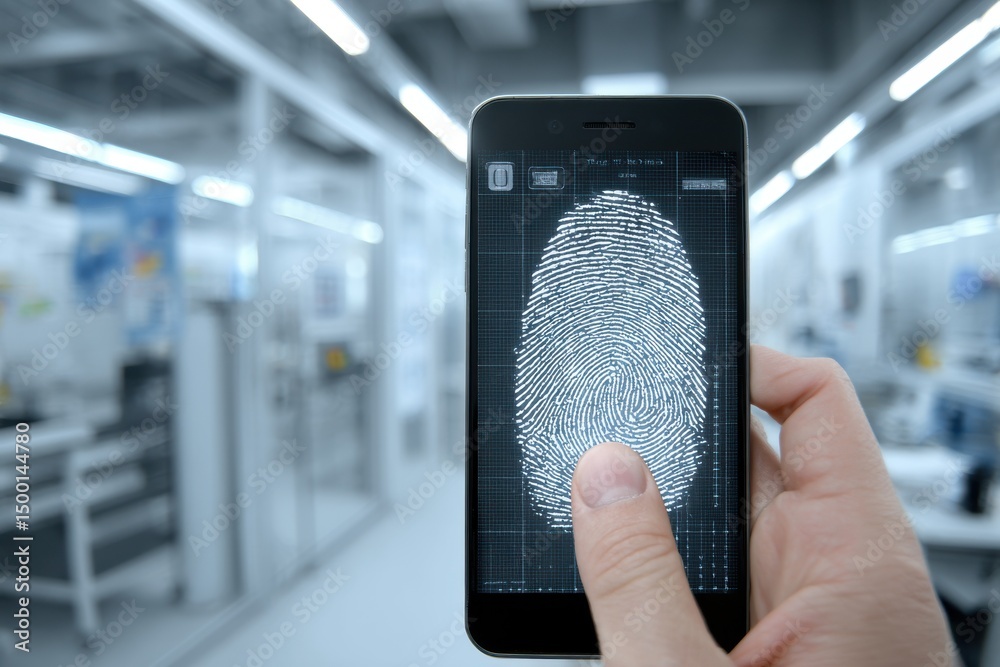 Poster using fingerprint scanner on a mobile phone to access security system, inside modern laboratory, aut