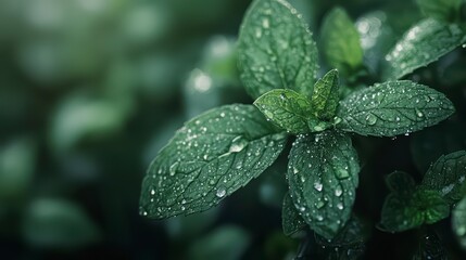 Leafy green plant with droplets of water on it. The droplets are small and scattered