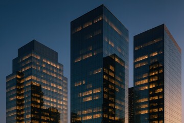 City skyline illuminated at dusk with modern glass towers reflecting the evening light and producing a vibrant urban atmosphere