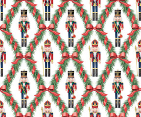 Nutcracker, fir garland, red ribbon, bow seamless pattern. Merry Christmas, New Year wallpaper.	