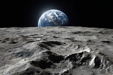 A dramatic view of Earth from the Moon's surface showcasing craters and deep shadows, against the stark blackness of space offering an otherworldly vista.