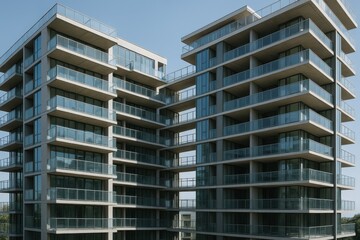 Modern architectural design showcases large mirrored windows and sleek lines in urban residential buildings