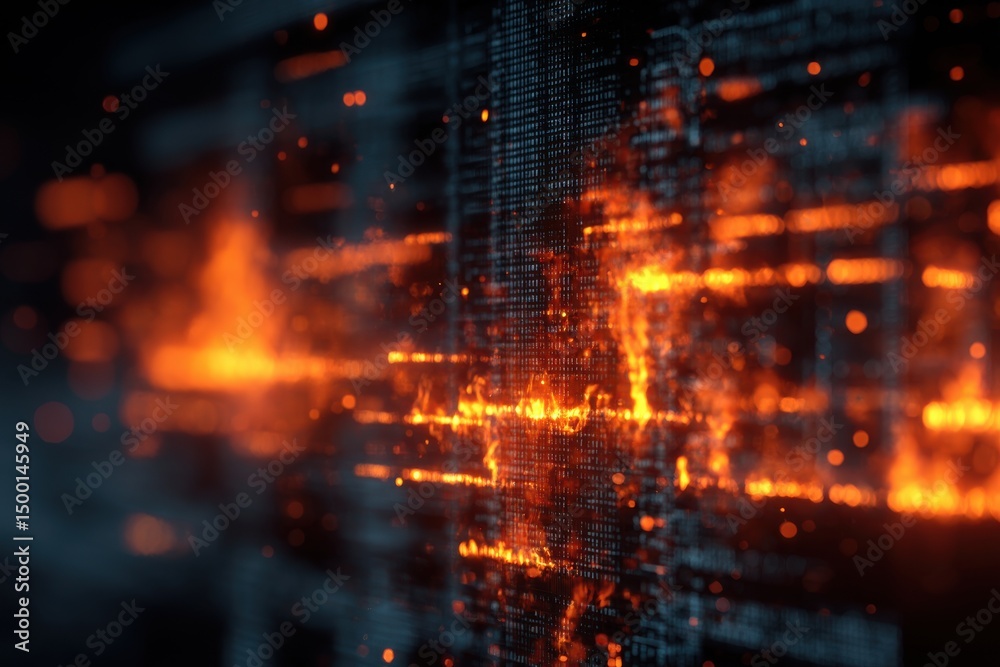 Poster abstract fiery digital matrix background with glowing code streams, showcasing advanced technology a