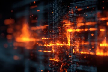 Abstract fiery digital matrix background with glowing code streams, showcasing advanced technology and complex information networks, blending heat and data seamlessly.