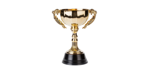 Golden Trophy Cup Black Base. Symbol Of Achievement And Excellence In Competitions And Awards Isolated On Transparent Background