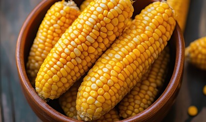 Corn cobs with kernels and starch on display. AI generated illustration.