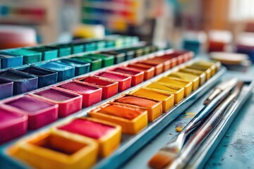 A colorful watercolor paint palette with vibrant hues arranged in neat rows, alongside paintbrushes on a textured blue surface in soft light.