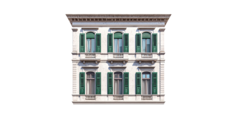 Elegant European Building Facade With Green Shutters. Architectural Design And Urban Aesthetics Isolated On Transparent Background