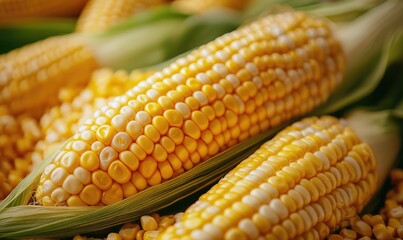 Corn cobs with kernels and starch on display. AI generated illustration.