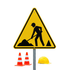 Road construction sign with cones and helmet isolated on transparent background