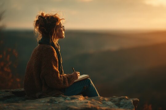 A woman sits on a cliff writing in her journal, overlooking a scenic landscape at sunset. The warm light casts a golden glow over the scene, creating a peaceful and serene ambiance.