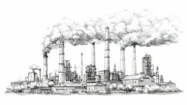 Sketch engraving of industrial factory with smokestacks releasing thick smoke into cloudy sky above buildings