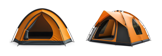 Two orange camping tents with open doors isolated on transparent background for outdoor adventures