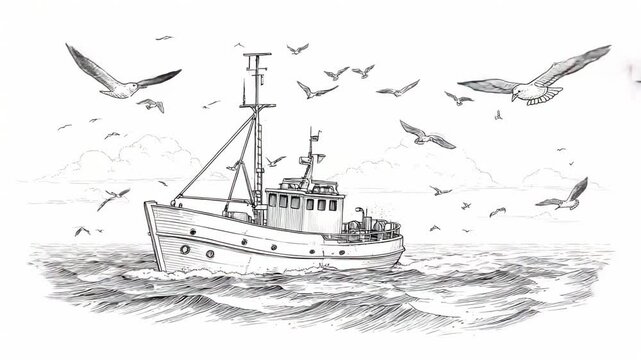 Sketch engraving of fishing boat on ocean waves with flying seagulls and cloudy sky in maritime seascape