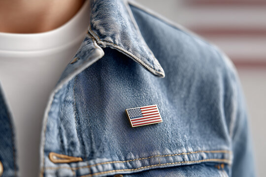 American flag lapel pin on denim jacket