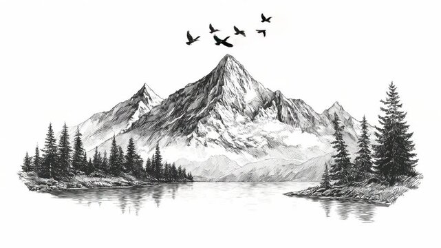 Sketch engraving of mountain landscape with pine trees, lake reflection, and birds flying in peaceful sky