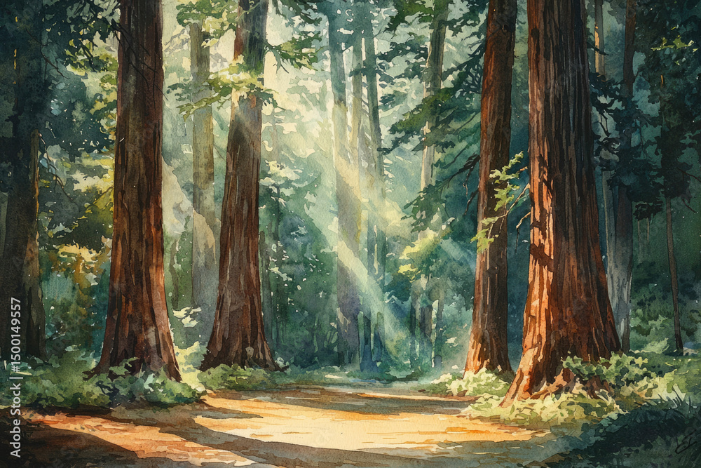 Poster Sunlight streams through a Redwood forest, illuminating the towering trees and creating a serene, magical atmosphere.