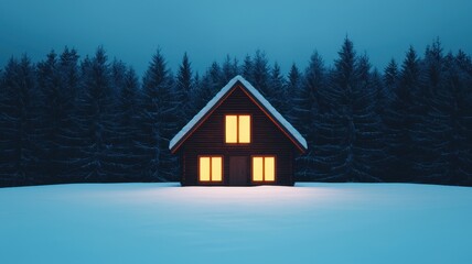 A cozy cabin with glowing windows stands in a snowy clearing, surrounded by dense pine trees at dusk.