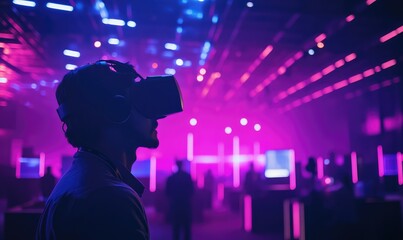 Virtual reality demo in conference hall. AI generated illustration.