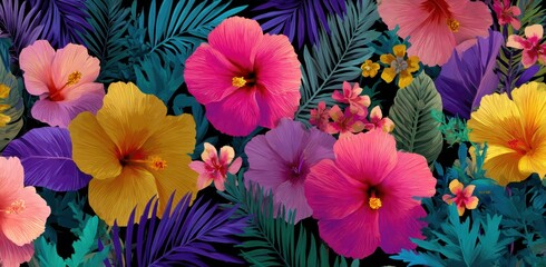 Colorful tropical flowers and leaves creating vibrant jungle pattern