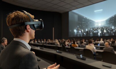 Virtual reality demo in conference hall. AI generated illustration.