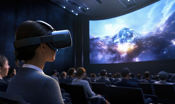 Virtual reality demo in conference hall. AI generated illustration.