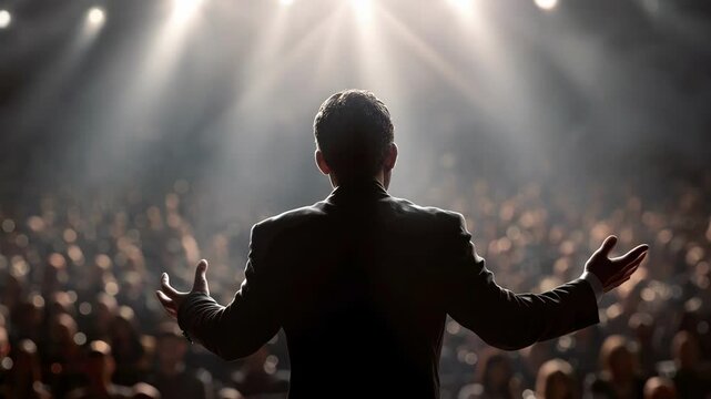 Speaker commands enthusiastic audience under bright spotlight in packed auditorium
