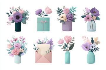 Flat Illustration Set of Bouquets, Flower Envelopes, and Gift Boxes – Spring Design Elements Collection