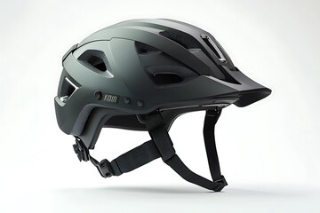 Fototapeta premium A 3D icon of a bike helmet with air vents and chin strap displayed on a white background