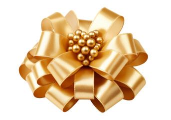 Elegant gold satin ribbon bow with pearl centerpiece isolated on a white background, Png Transparent Background