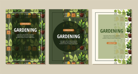 Set flyer template Gardening service. Agricultural and farming services social media post lawn gardening. Gardening seamless pattern background.