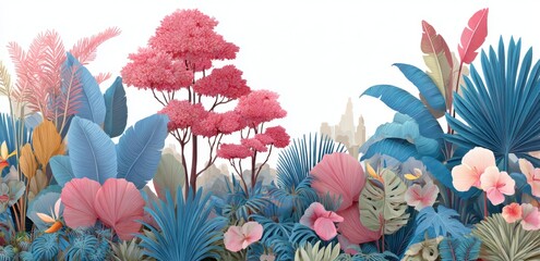 Pink and blue tropical plants growing on a white background, creating a vibrant and exotic scene