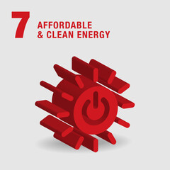 Affordable and Clean Energy 3d icon. A sun and a power button together. Sustainable Development global goals concept for Non-Profit organization. High quality 3D render.