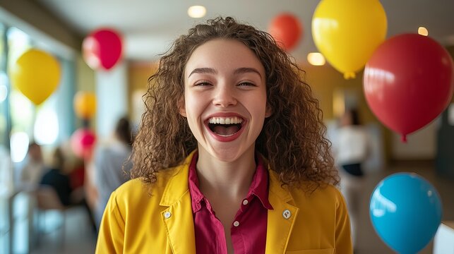 Smiling woman with curly hair wears a yellow jacket, standing in a room decorated with colorful balloons!