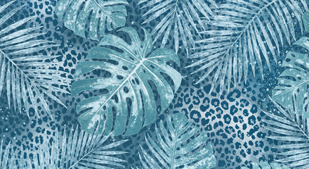 Tropical palm leaves pattern with leopard spots in blue tones  