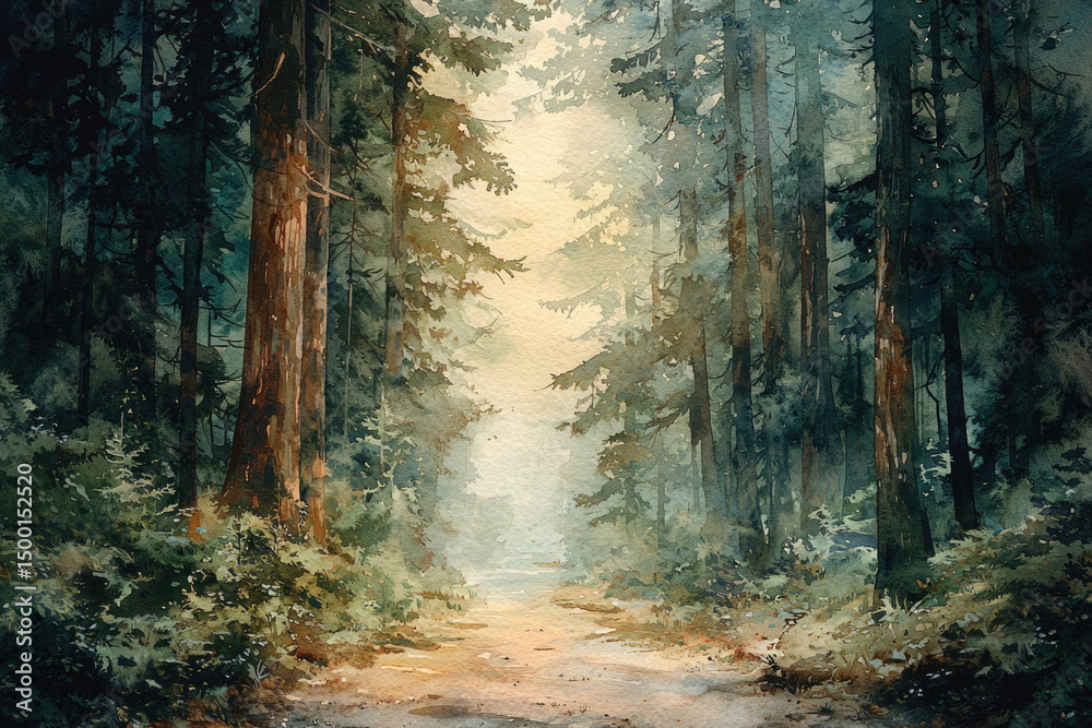 Poster a serene watercolor painting of a misty forest path, tall trees creating a magical atmosphere.