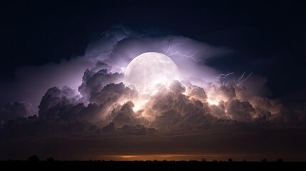 The moon viewed through drifting monsoon clouds, creating dramatic chiaroscuro lighting. Lightning forks illuminate distant fields