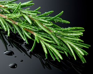 Rosemary sprig, fresh, glossy, with water drops on black