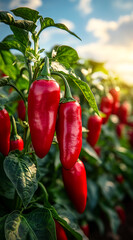 Red peppers in a farm field. Ripe red peppers hang from lush green plants under a sunny sky at dusk on a farm.