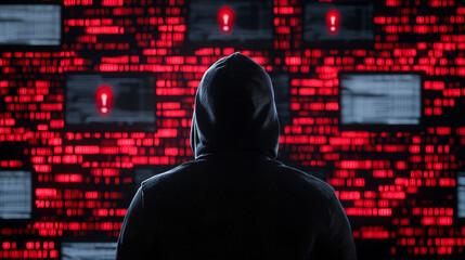 Analyzing data breaches in cybersecurity. A hoodie-clad figure watches warning alerts flashing in red and black on multiple screens in a dark setting.