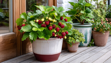 Strawberry plants thrive on wooden deck. Bright red strawberries and green leaves grow abundantly in pots on a sunlit wooden deck surrounded by other plants.