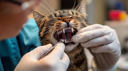 Tabby cat is having its teeth examined by a vet wearing white gloves in a brightly lit room.