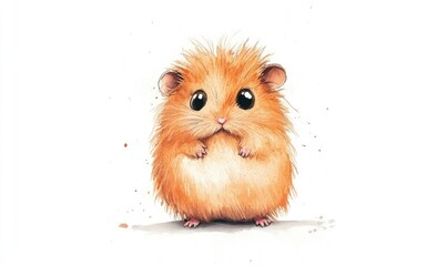 Cute hamster with fluffy body and big eyes, watercolor style. AI generated illustration.