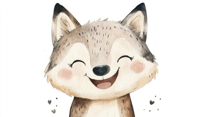 Happy kid wolf doll, watercolor style. AI generated illustration.