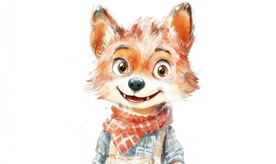 Happy kid wolf doll, watercolor style. AI generated illustration.