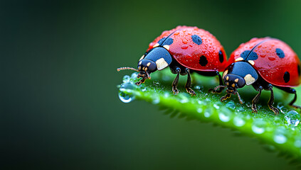 Fototapeta premium Close-up view of ladybugs on a leaf. Two vibrant ladybugs are perched on a green leaf covered in water droplets, creating a serene and natural scene.