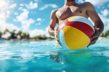 Bright and colorful atmosphere is created as a man enjoys a warm day in a pool holding a beach ball. The water sparkles under the sunlight, reflecting a fun summer vibe