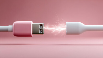 Power connection between USB cable ends. Two USB cable ends are connecting, creating sparks in a soft pink background, showcasing technology interaction.